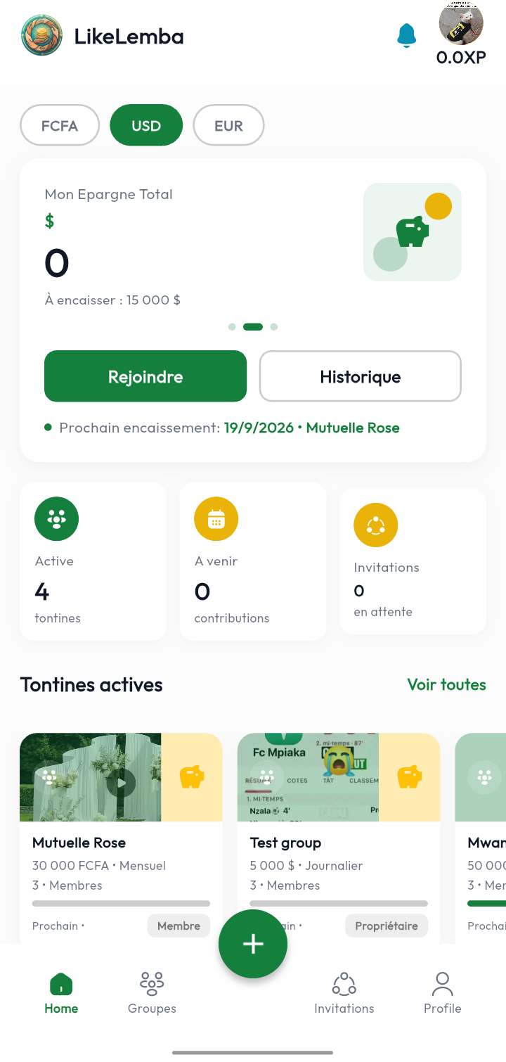 Écran d'accueil Likelemba avec l'épargne totale, les tontines actives et la devise choisie