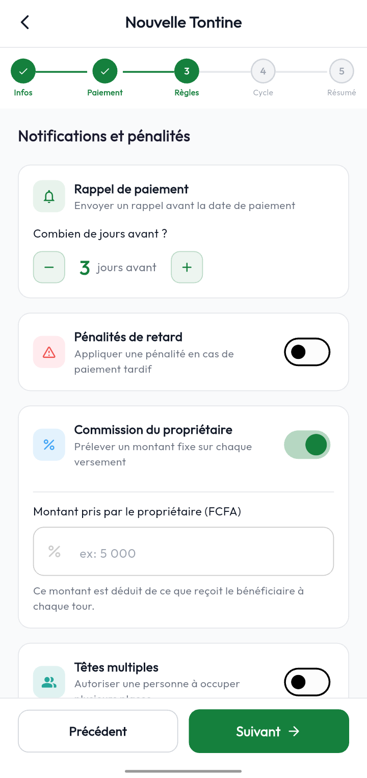 Création d'une tontine : rappels de paiement, pénalités et commission du responsable