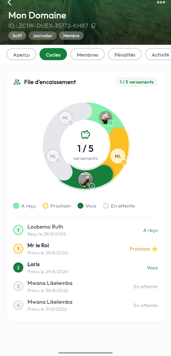 File d'encaissement d'une tontine dans l'application Likelemba, avec la position de chaque membre dans la rotation